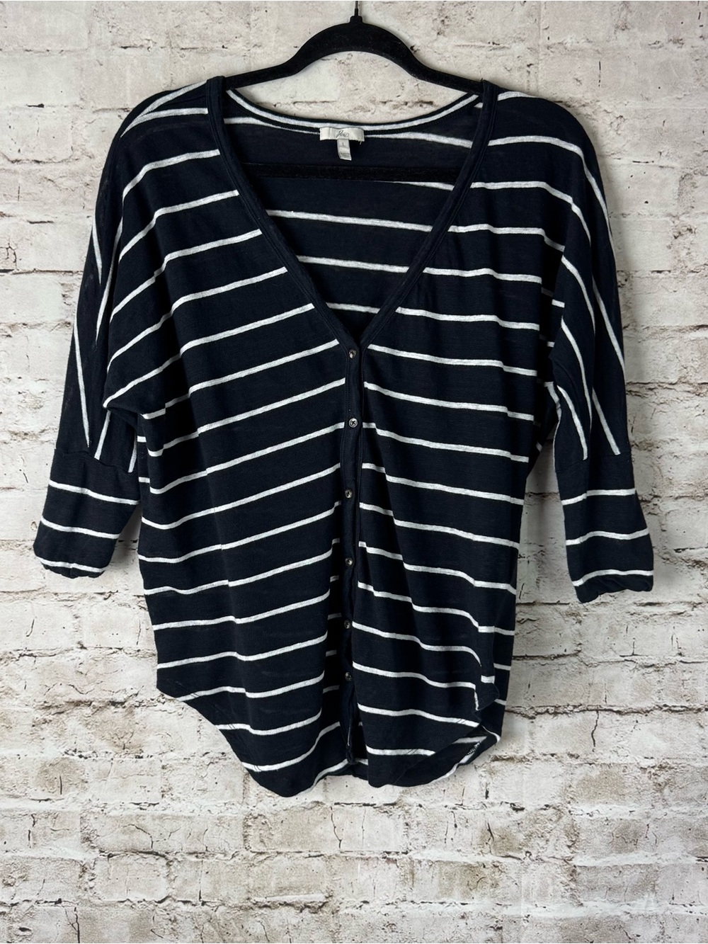 Joie Women's Large Black & White Striped 3/4 Sleeve Button Front Top 100% Linen